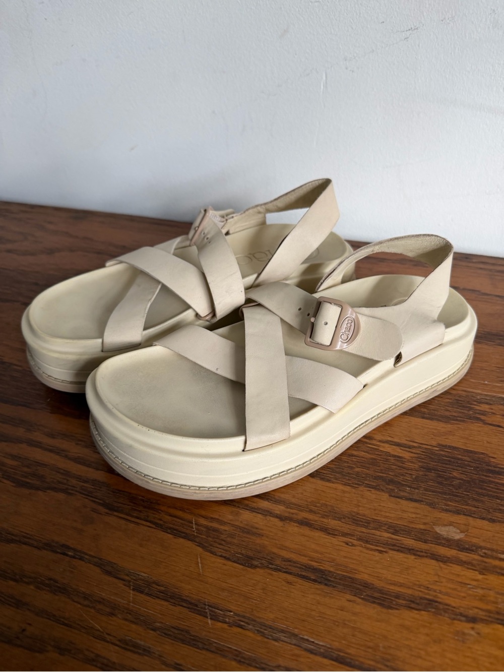 Chaco Cream Platform Cross-Strap Sandals